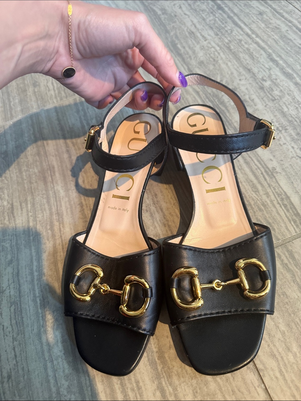 Gucci Black Leather Gold Horsebit Sling Sandals